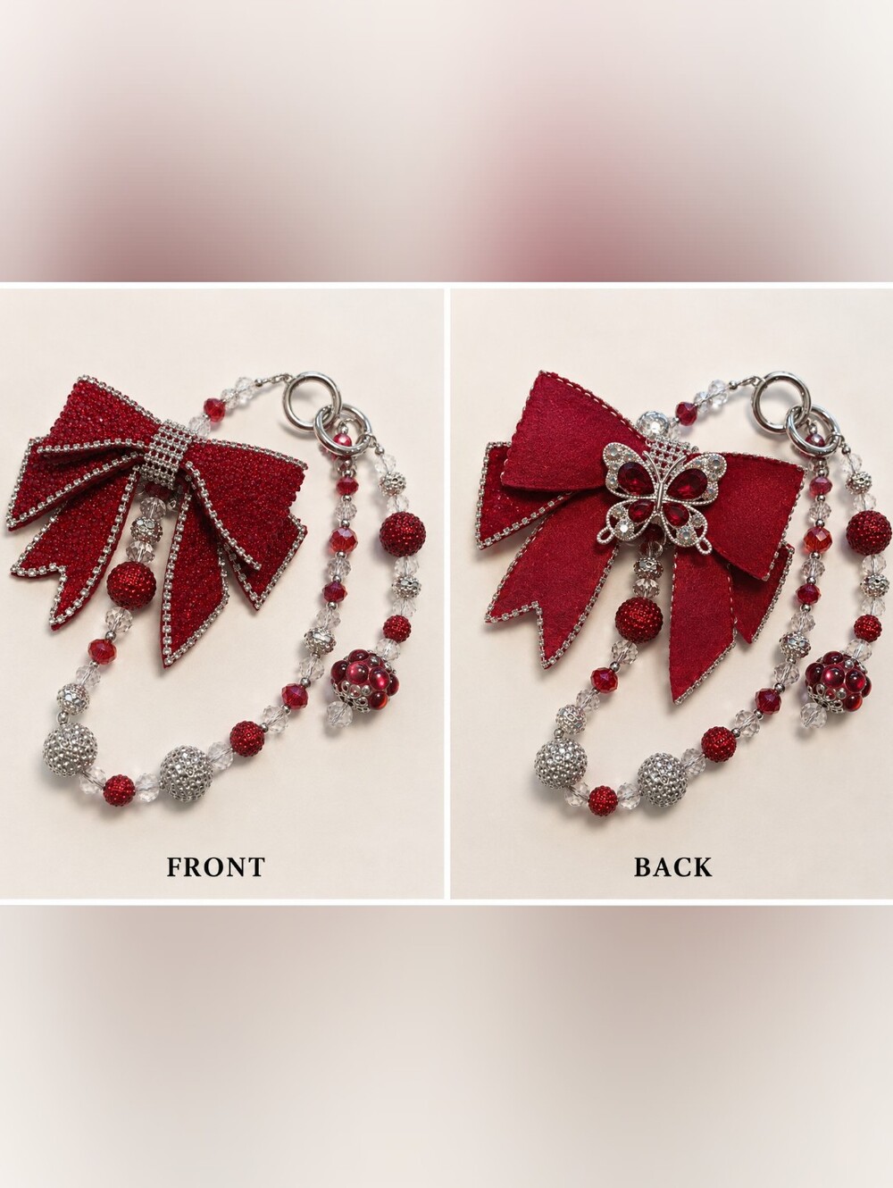 Red Crystal Bow Bag Charm with Beaded Drops
